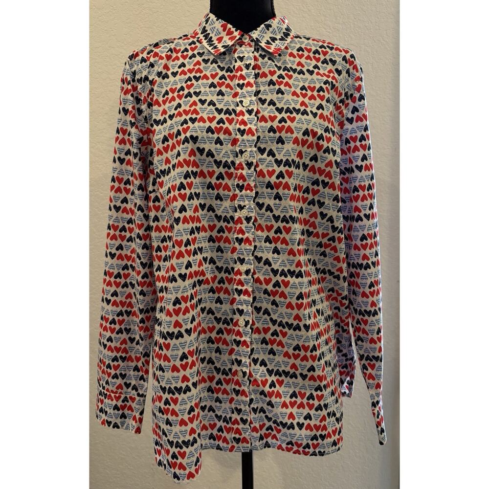Talbots Colorful Heart Print Long Sleeve Button Down Top Size Large